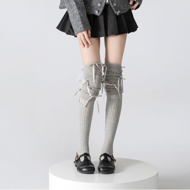 Bow Ribbon Socks, Women's Calf Socks, High Appearance Level, Ballet Style, Mesh Patchwork, Lolita Over-the-knee Socks