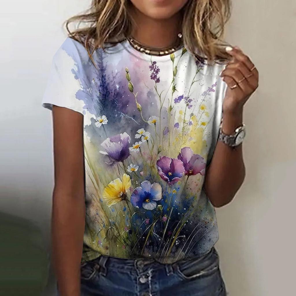 Letní dámské tričko s kulatým výstřihem, 3D květinovým vícebarevným gradientním potiskem, módní, ležérní, s krátkým rukávem