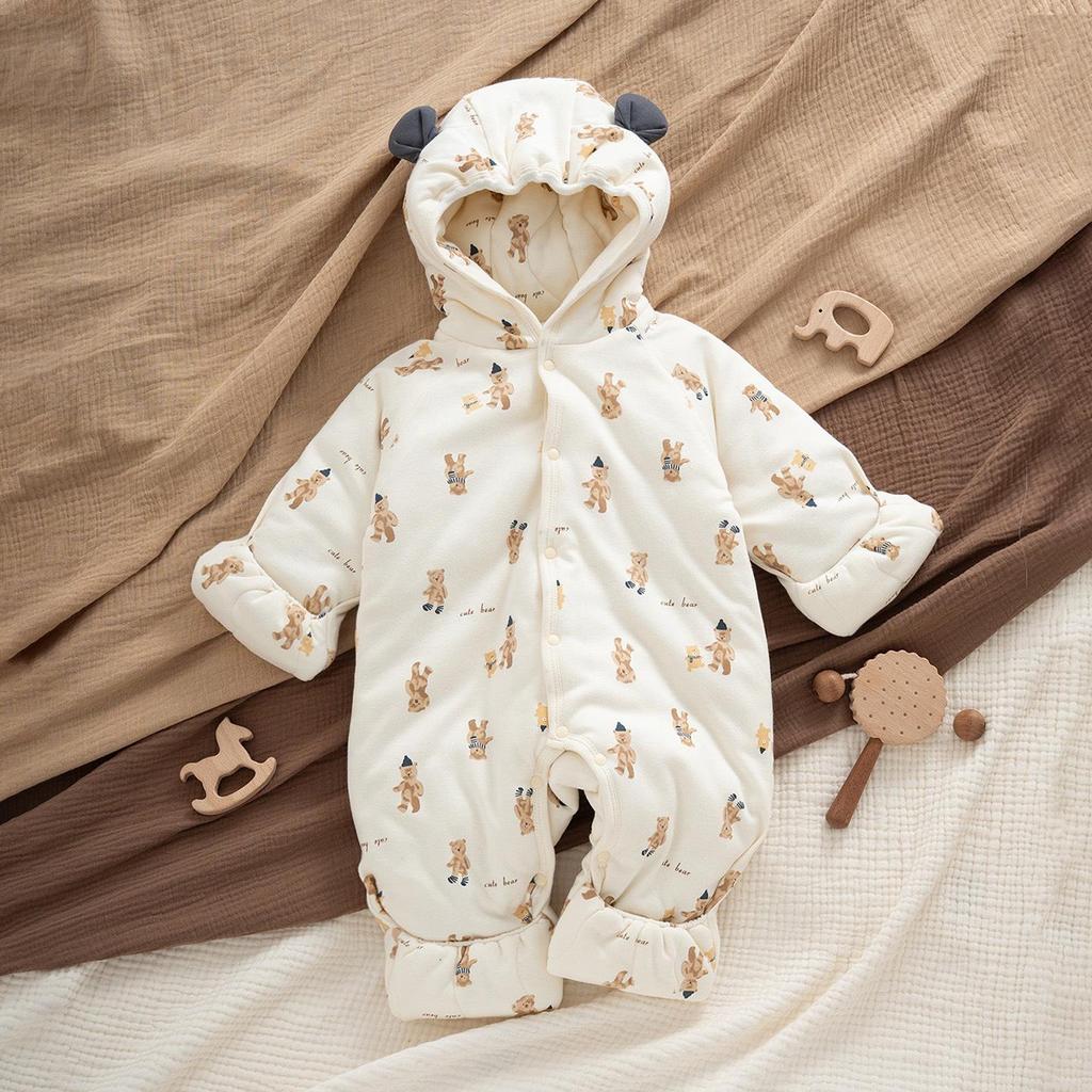 Newborn Winter Jumpsuit with Jacket, Hand & Foot Covers (0-6 Months) - Warm, Thickened Baby Outfit for Outdoor Use