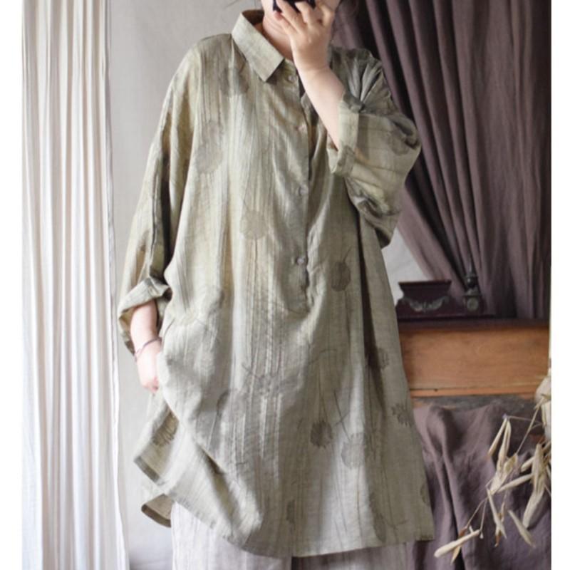 Johnature Women Vintage Jacquard Shirts Tops Turn-down Collar Seven Sleeve Cloths Summer Loose Mid-length Shirts