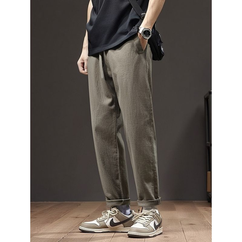 Summer Thin 100% Pure Linen Pants for Men, Loose Straight Cotton-Linen Cropped Pants, Export Men's Casual Long Pants