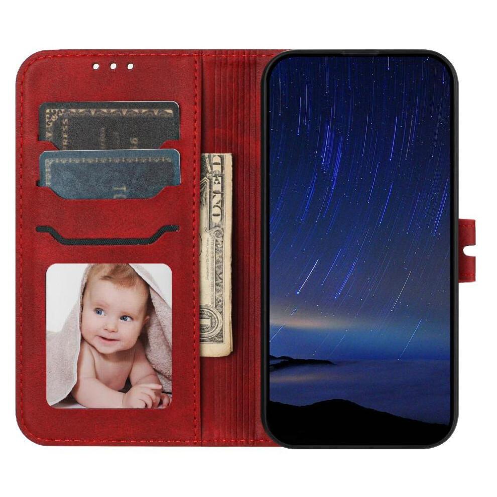 (Red) Wallet Case for Iphone 16e Magnetic Closure Kickstand Card Holder Embossed All Round Protection