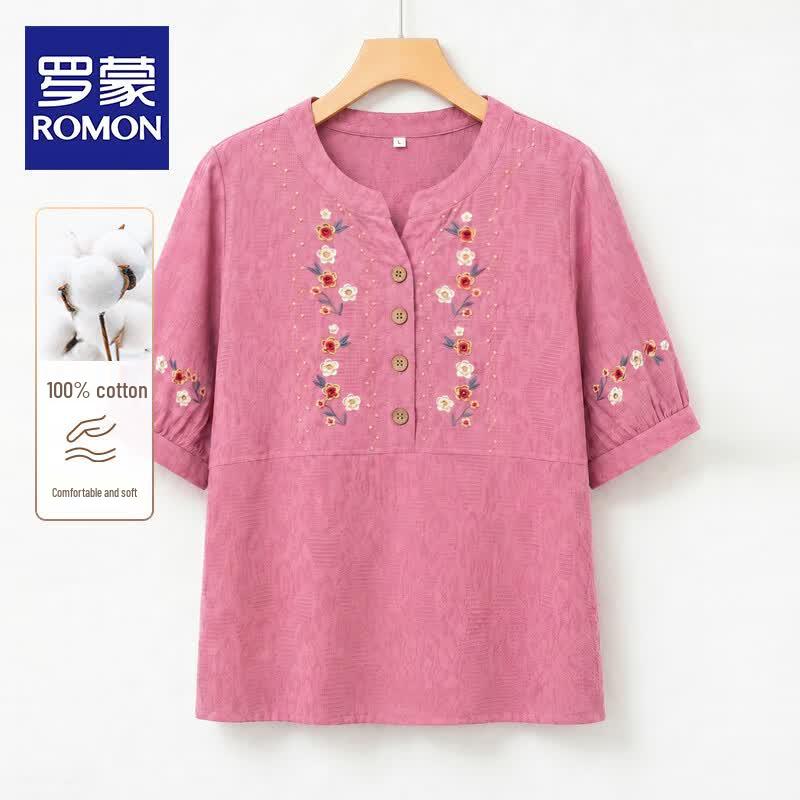 ROMON Women s Loose Fit Embroidered Cotton T-Shirt for Mid-Aged Moms 5XL