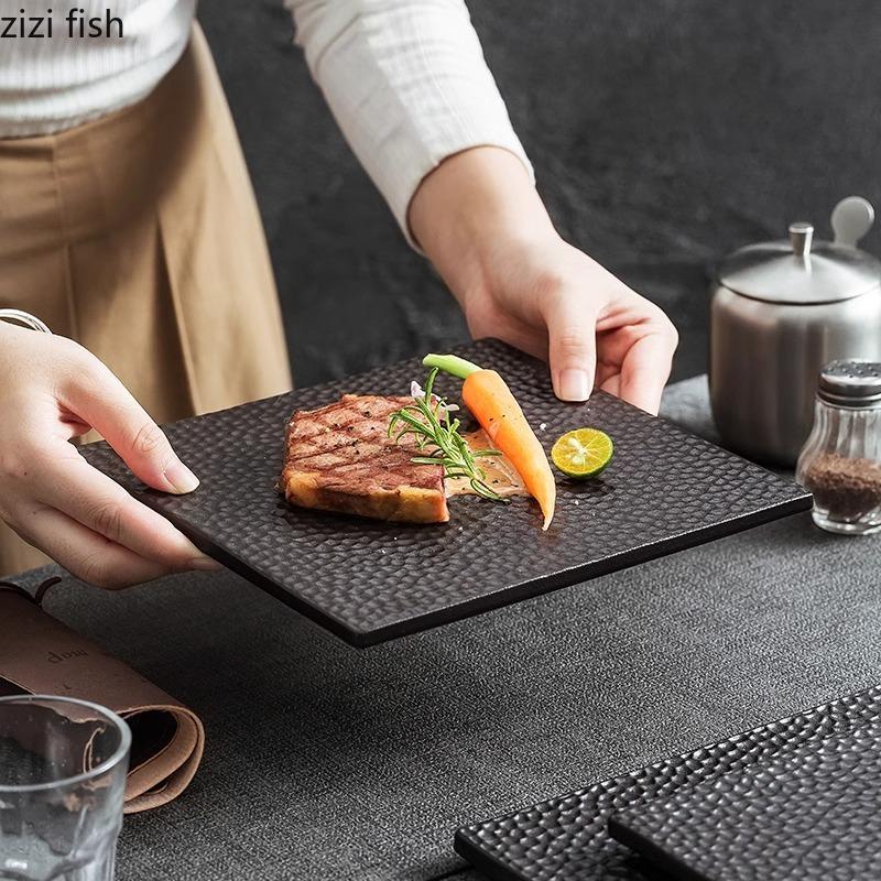 Black Ceramic Steak Plate Creative Honeycomb Texture Flat Plate Sushi Plate Dessert Dish Service Plates Specialty Tableware