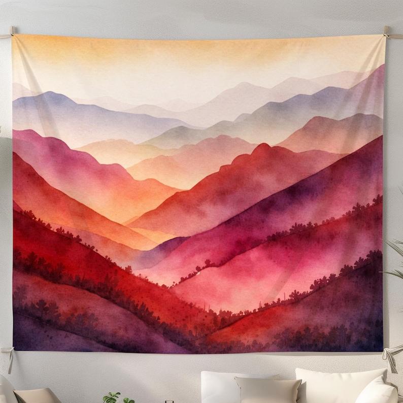 Watercolor Landscape Sunset Valley tapestry 75x100 чёрный