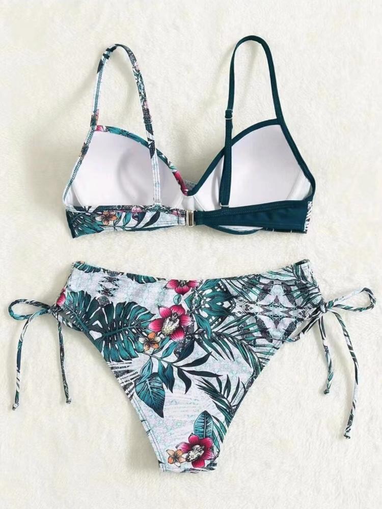 Printed Multicolor Drawstring Backless Swimsuit Beach Gathered Sexy Split Steel Bracket Hard Bag Bikini Set Girl