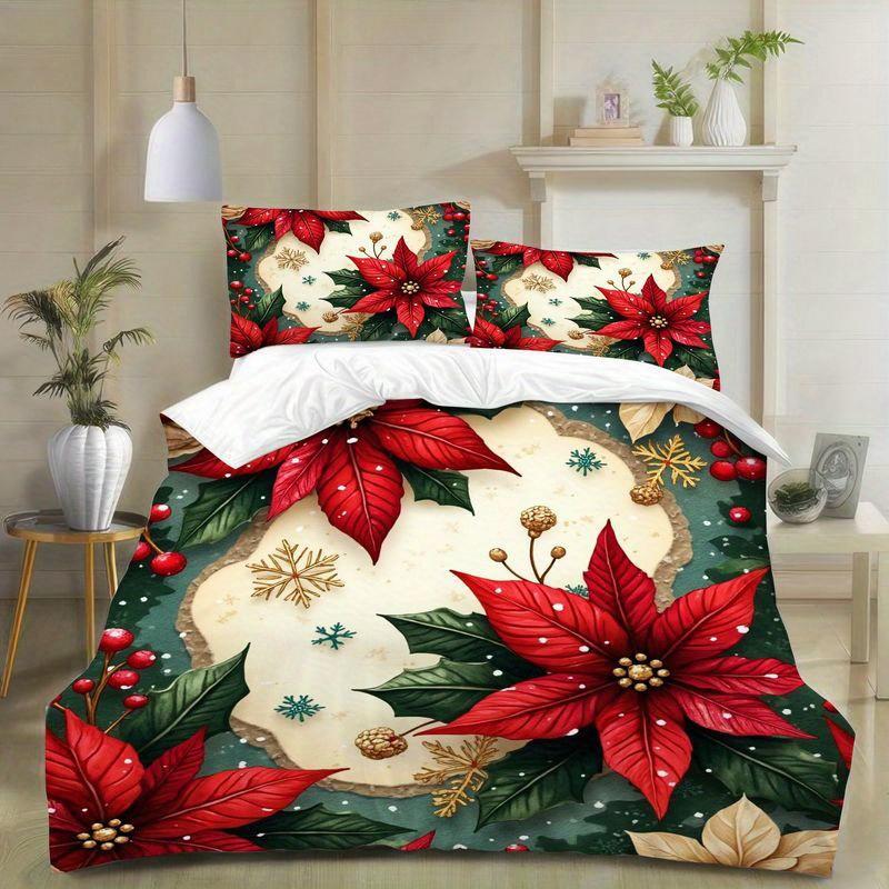 

3pcs Holiday Poinsettia Bedding Set Christmas Floral Print, Winter Festive Red Flowers Green Leaves Pattern Duvet Cover Set Soft Duvet Cover Set&EU Single(135x200cm)