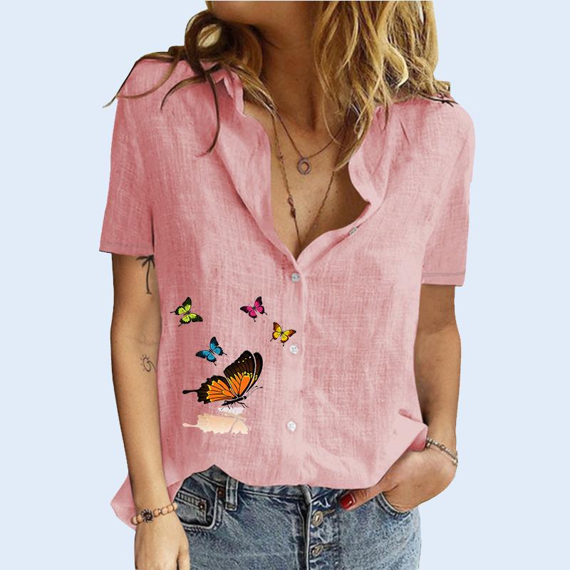 Dámská móda s klopovým límcem, letní a podzimní tisk, halenky, dámské tričko s krátkým rukávem, bavlněné a lněné kardigany