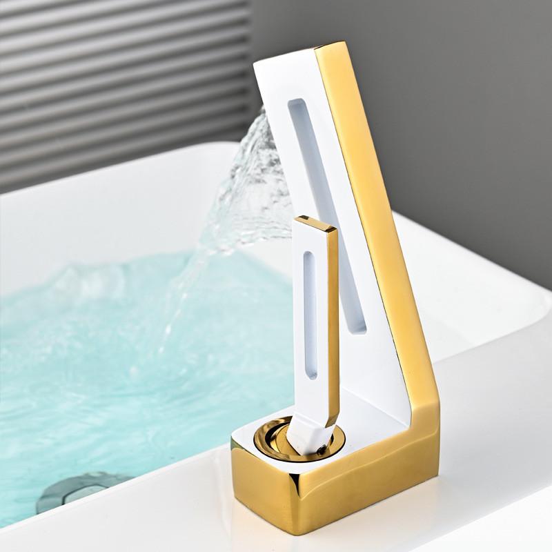 Tuqiu Bathroom Faucet Brass Gray Bathroom Basin Faucet Cold And Hot Waterfall Mixer Sink Tap Deck Mounted Black & Gold Tap