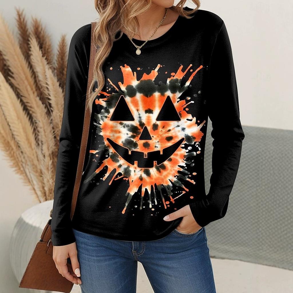 Halloween Women's Long Sleeve T-Shirt Pumpkin Skull Pattern Retro Fashion Round Neck Regular Top Everyday Weekend