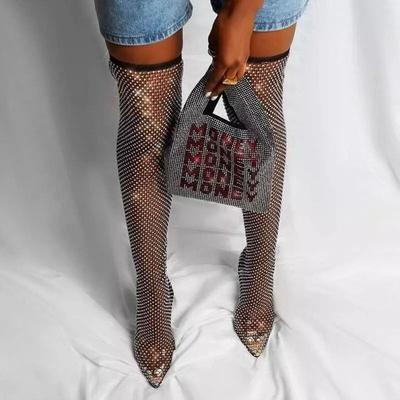 Stivale a Tacco Sottile con Tacco Alto Sopra il Ginocchio da Donna con Rete e Cinturino di Strass Stivali Vuoti a Punta Freddi da Donna