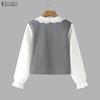 ZANZEA Women Casual Doll Collar Loose Long Sleeve Patchwork Blouse
