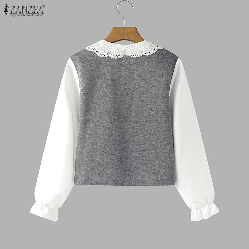 ZANZEA Women Casual Doll Collar Loose Long Sleeve Patchwork Blouse