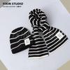 Children's Hats, Scarves, Two-piece Sets for Boys and Girls, Winter Striped Wool, Warm Baby Knitted Pullover, Ear Protection Hat Tide
