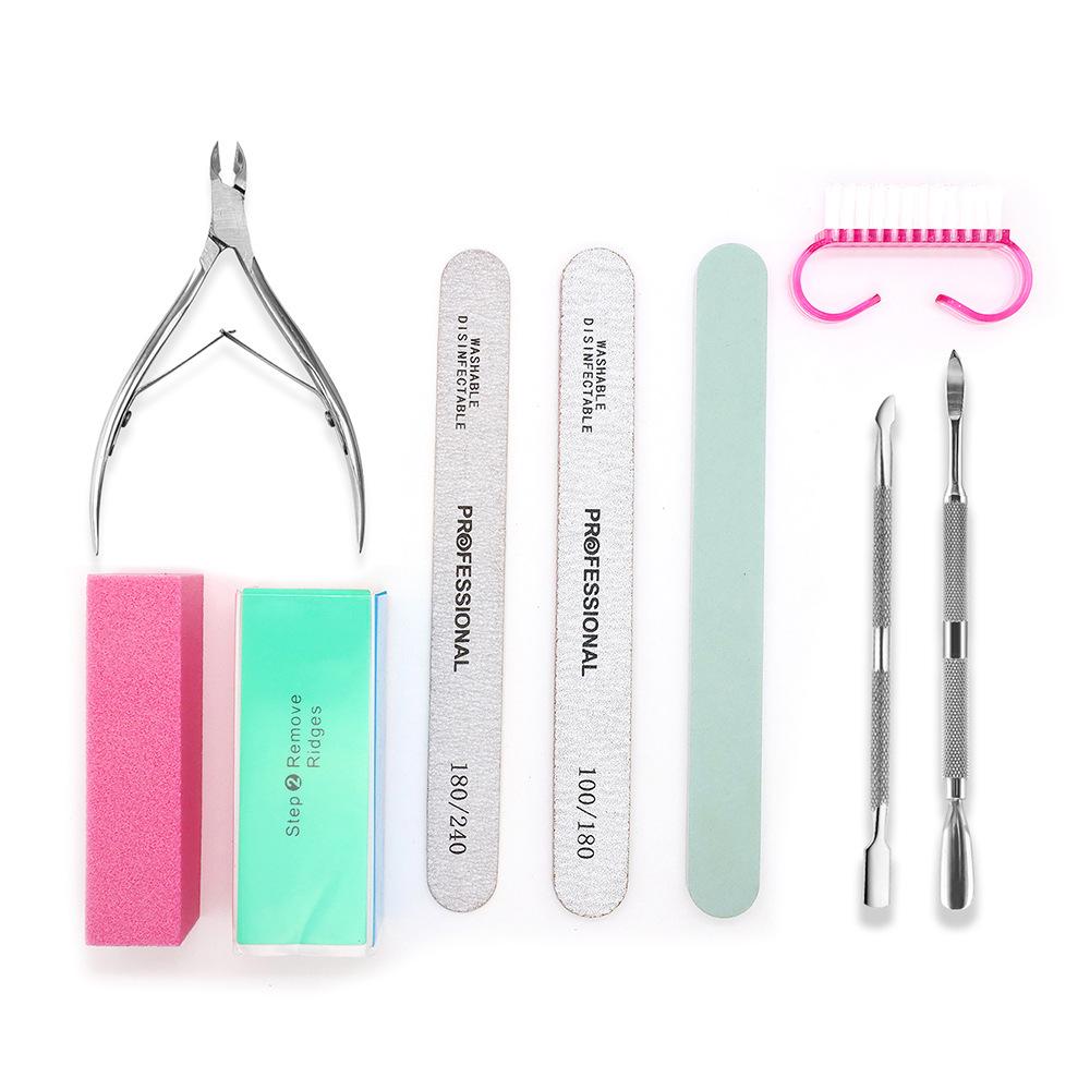 9-Piece Nail Care Kit with Stainless Steel Cuticle Pusher, Nail File, Buffer Block, and Brush, Professional Manicure Set