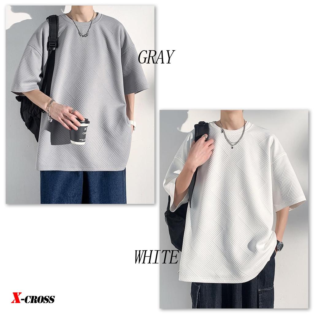 Sleeve Solid Loose Crew Big Round Korean Street Short Simple Gray X-cross Men's 3/4 T-Shirt, Color, Fit, Opaque, Stylish, Oversized, Neck, Silhouette,