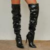 Women Over The Knee Boots Patent Leather High Heels Solid Pointed Toe Stiletto Boots Side Zipper Pumps Sexy Pleated Women Boots
