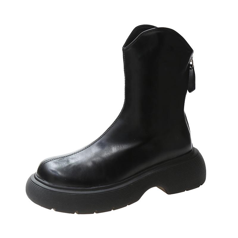 

2024 Autumn Winter Black Mid Round Toe Women Thick Bottom Biker Boots Woman Leather Botas Versatile Warm Woman Shoes 40 чёрный
