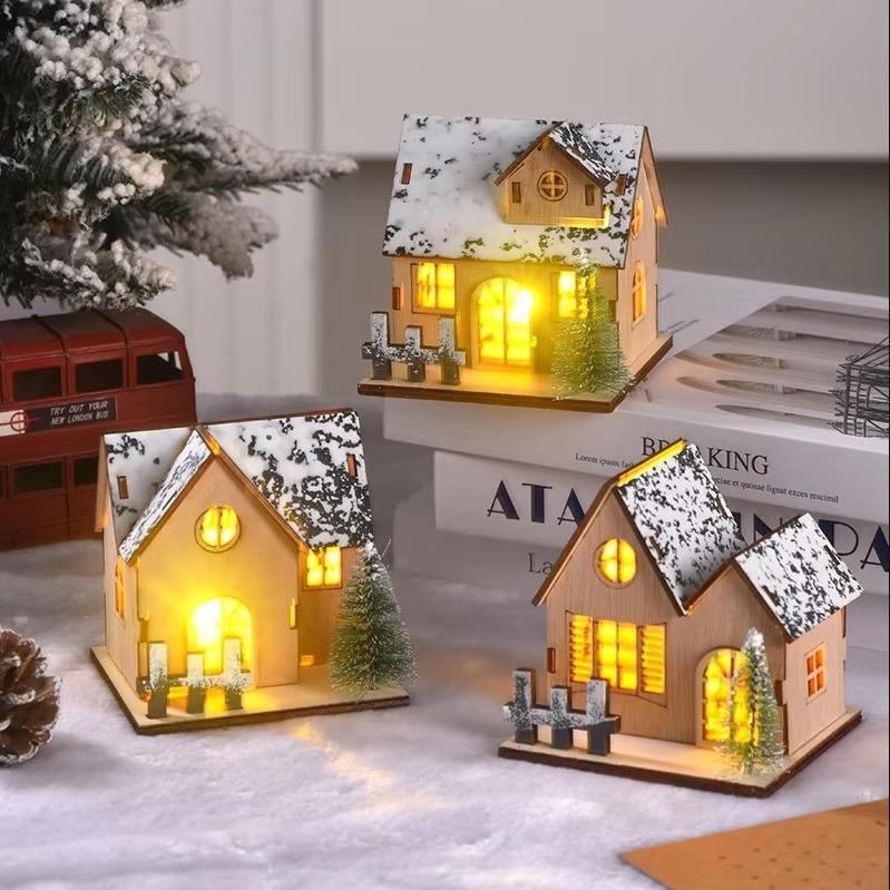 LED Wooden Christmas House Village Unfinished Xmas Snow House DIY Wood Chalet Tree Ornaments Christmas Table Centerpieces