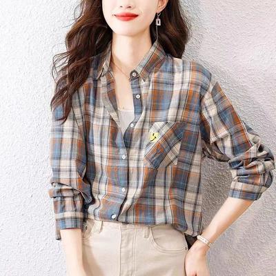 Spring Autumn Polo-neck Vintage Plaid Printing Cotton Shirt Ladies Long Sleeve Casual Fashion Blouse Women's All-match Cardigan