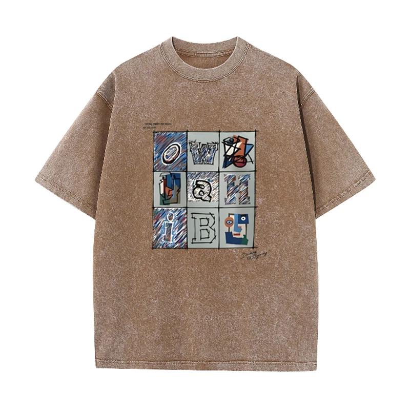 Retro Abstract Alphabet Art T Shirt Picasso Inspired Print Washed Casual Streetwear