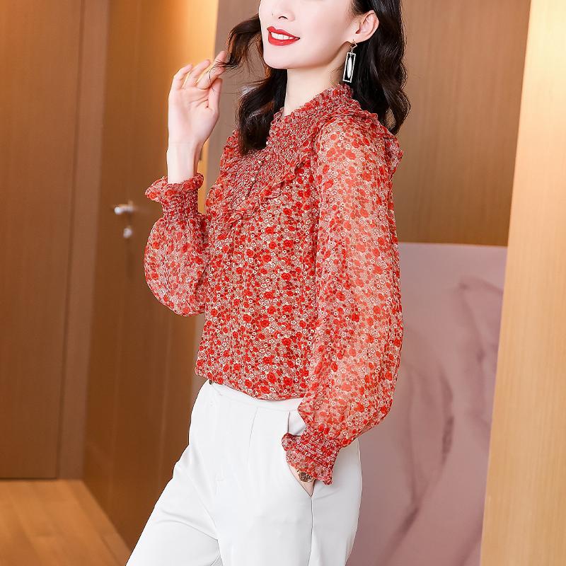 Vintage Elegant Printed Button Chiffon Shirt Spring Ruffled Neck Long Lantern Sleeve Loose Pullover Blouse Women's Clothing