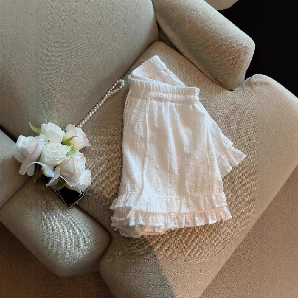 Women French Lace Ruffle Wide Leg Shorts 2025 Summer Loose Casual Elastic Waist A-line Hot Pants Bottoms