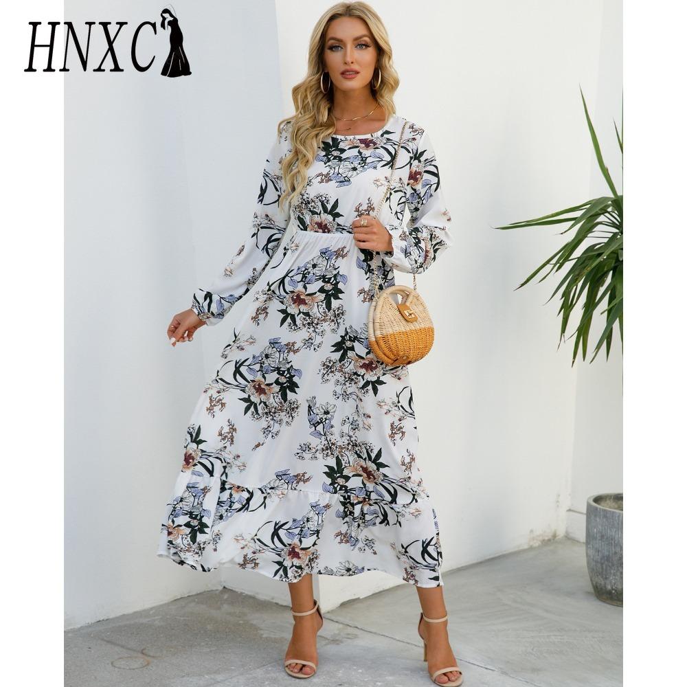 HNXC Spring Summer Bohemian Women Maxi Dress Casual Long Sleeve High Waist Beach Dress Women Floral Chiffon Dresses Vestidoes Mujer New