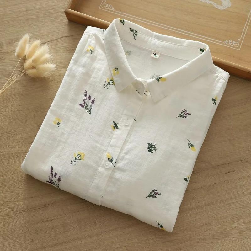 Løvetannmønstret bomullsgarn langermet skjorte for kvinner om høsten løs slankende skjorte topp bluser og skjorter