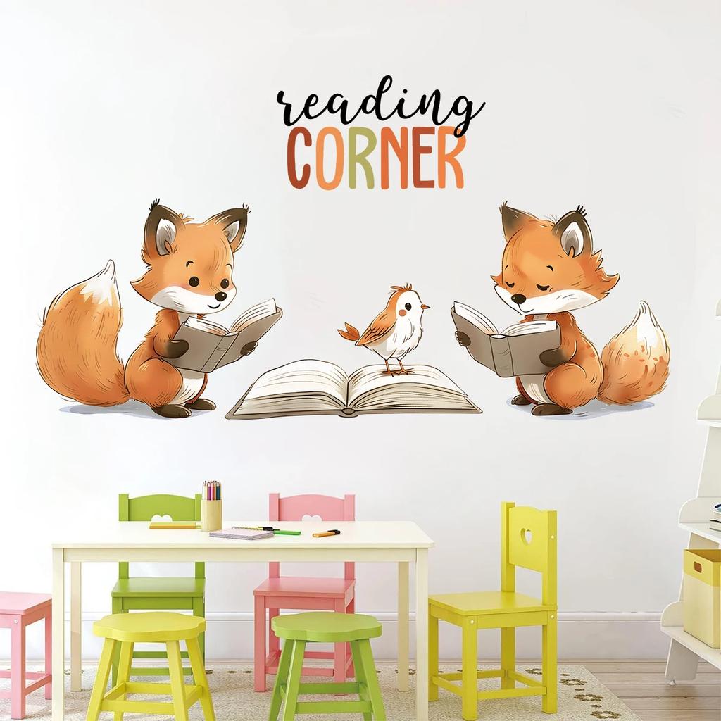 1Pc Cartoon Cute Reading Fox Furniture Wall Stickers Baby Room Home Essentials Kids Room Decor Living Room Decoration Bedroom