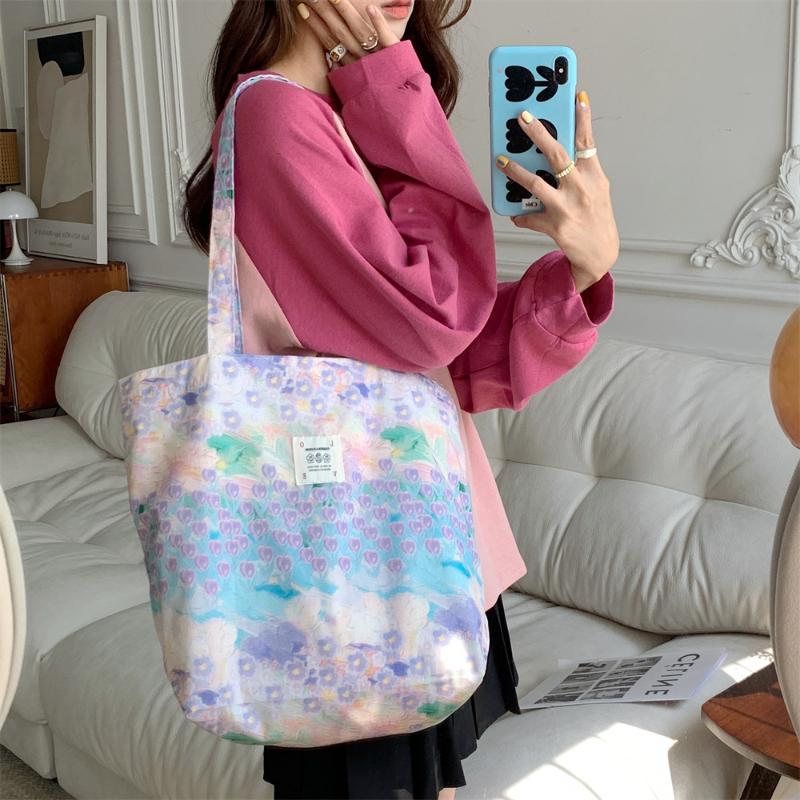 Sweet Flower Ladies Eco Shopping Bags Large Capacity Women's Shoulder Bag Thin Cotton Portable Female Travel Tote Handbags