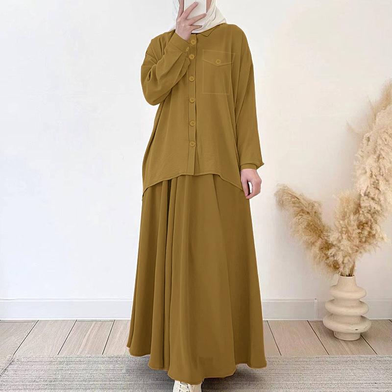 ZANZEA Women Long Sleeve Blouse and Skirts Muslim Casual Two Piece Suit Sets