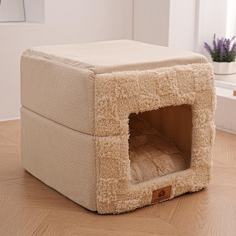 

Foldable Enclosed Cat Bed Warm Plush Pet House Portable Warm Square Detachable CatNest Home Indoor Pet Rest Cat Accessories Gift 35X35X40cm серый
