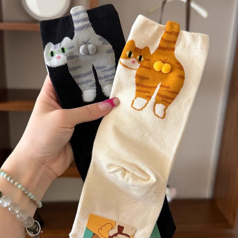 גרבי אמצע באורך עם עקב חתול מצויר חמוד, כדור פרווה תלת-ממדי, גרבי כיף