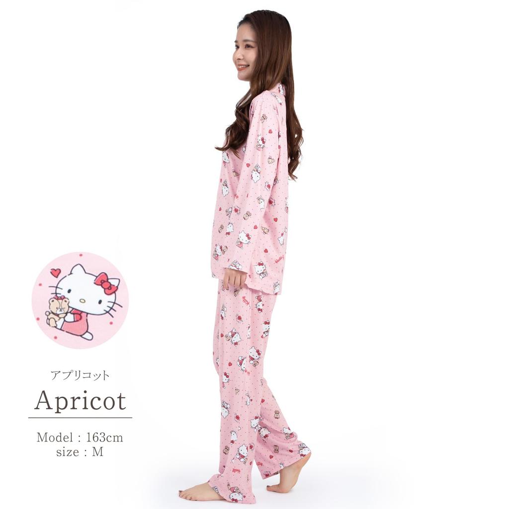 SAZAC Hello Kitty Shirt Powder Long Sleeve and Pants Dot Hello Kitty Design Pajamas, Stretch, Women's, Set, Loungewear, (Apricot/L/SAN1786)