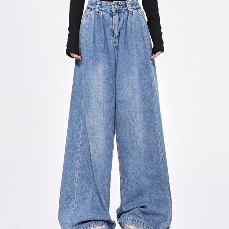 GMXIA Weitbeinige Jeans Damen Locker Hochtailliert Fallend Hundert Schleppende Hosen Taschen High Street Trend Gerade Hosen