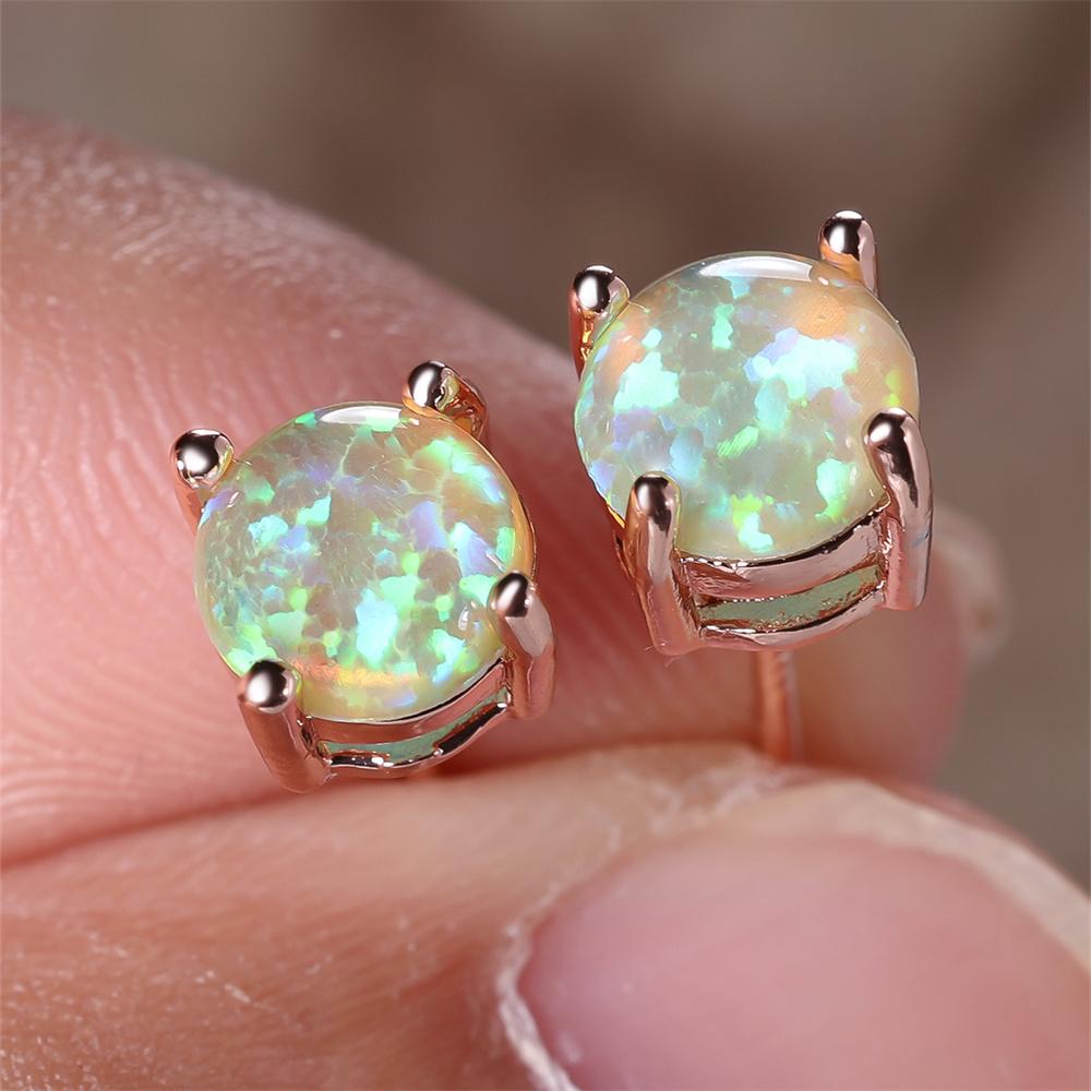 

Pink White Blue Green Opal 6MM Round Stone Stud Earrings For Women Rose Gold Color Wedding Jewelry Minimalist Engagement Gifts зелений