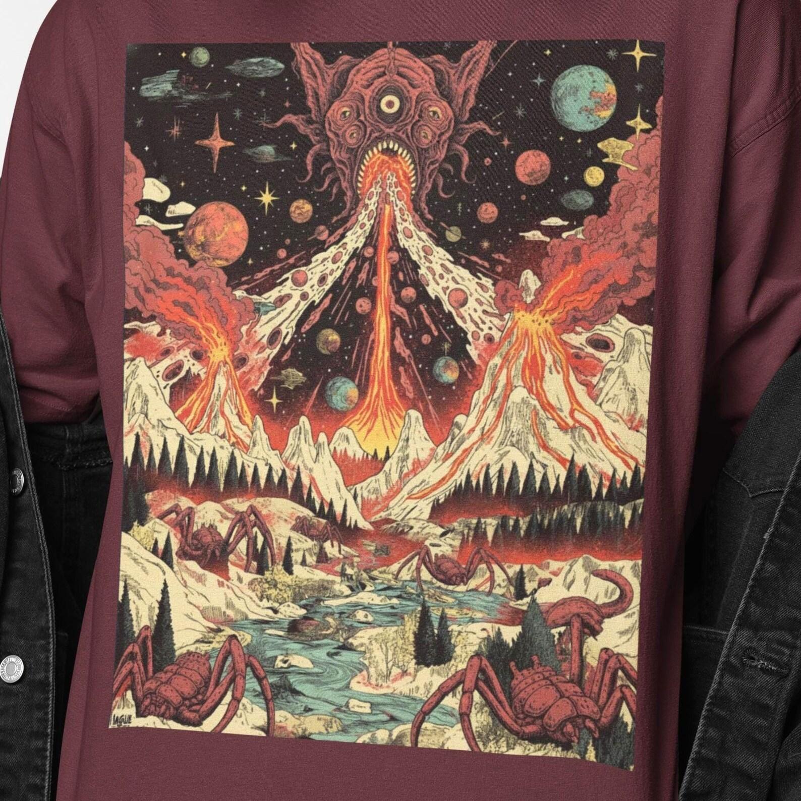 Apocalyptic Shirt | Surreal Horror Tee | Alien Monster Graphic | Volcanic Nightmare Art Shirt XL