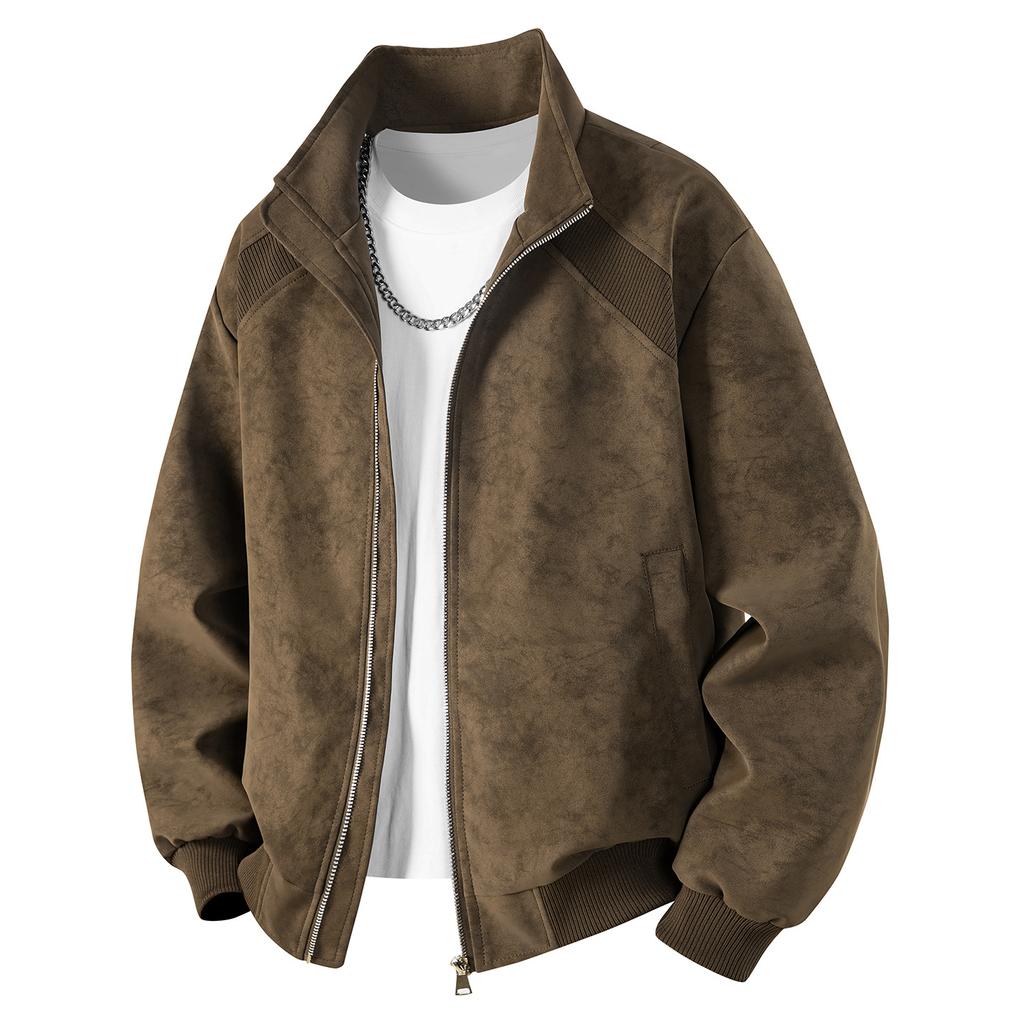American retro leather jacket spring and autumn men's stand-up collar leather jacket trendy solid color bomber leather jacket