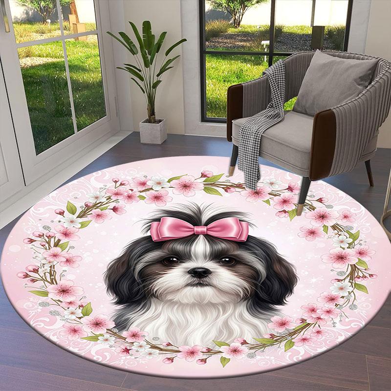 Bow tie puppy Round Area Rug,Carpet Rug for Living Room Bedroom Sofa Playroom Decor,Non slip Floor Mat