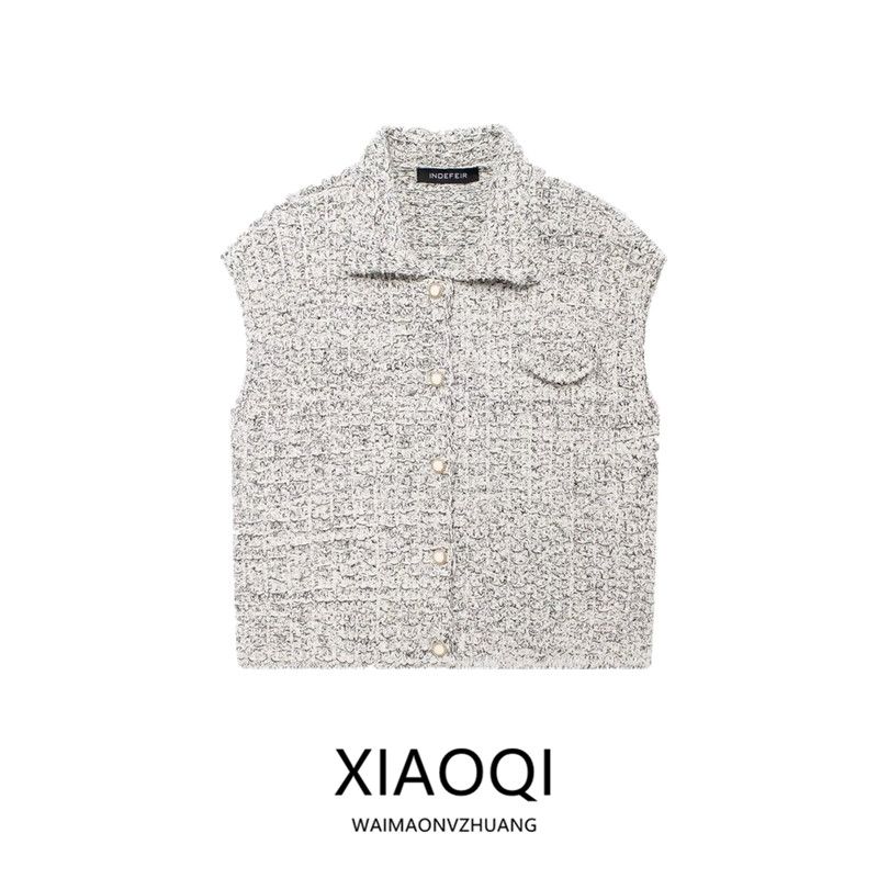 Fashion Style 2024 Autumn New Women's Sleeveless White with Lapel Knitwear Cardigan Top 6236105