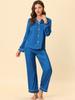 Cheibear Soft Long Sleeve Satin Pajama Size L Women's Set, Blue,