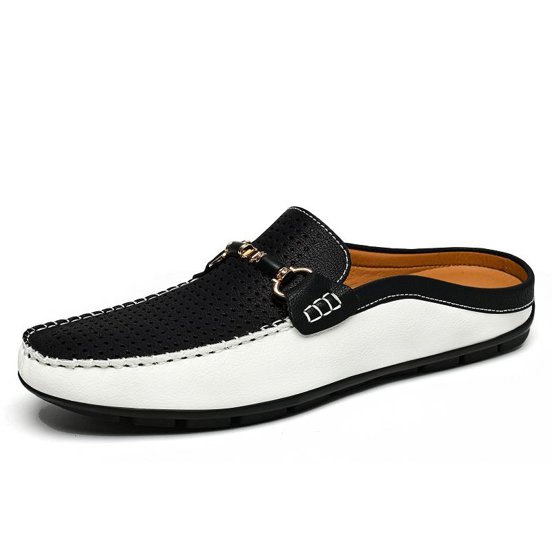 Fashion Men's Breathable Muller Shoes Hollow Out Genuine Leather Slip-On Walking Shoes Fashion Casual Flats Non-Slip Mens Slip on Shoes
