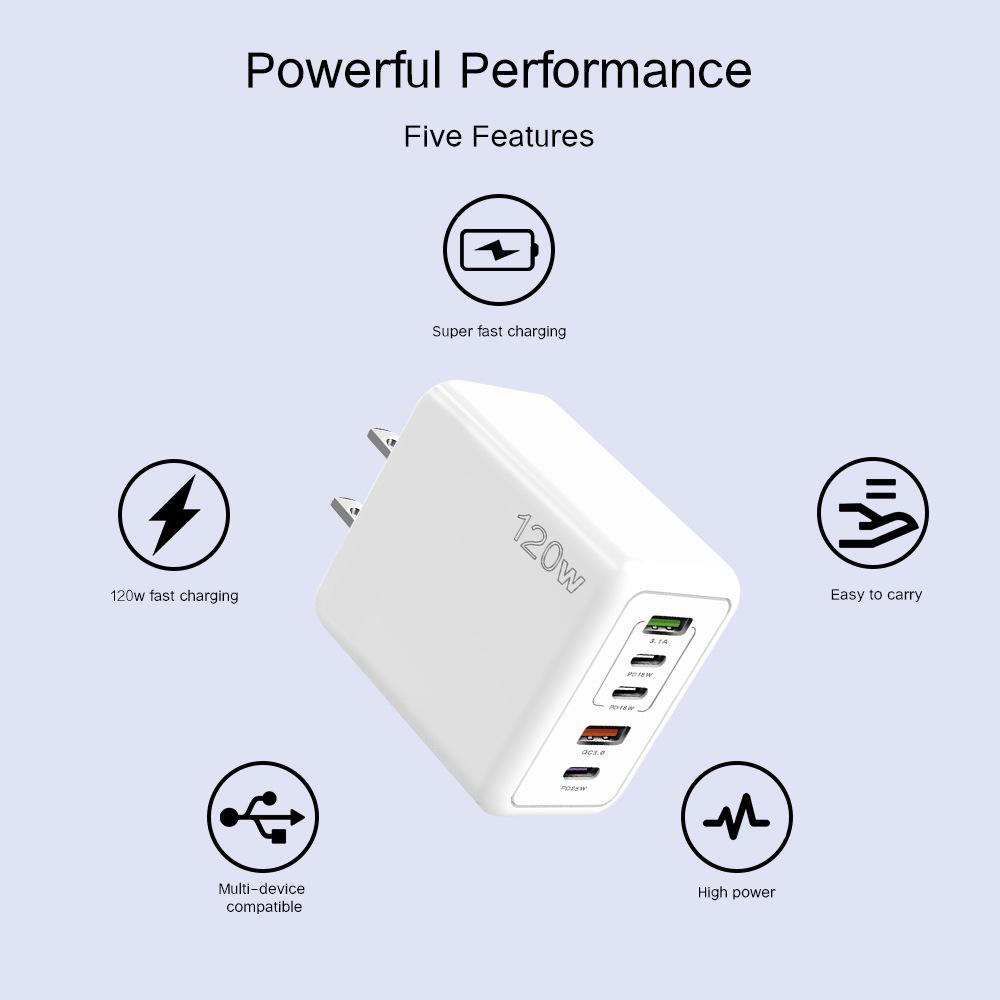 PD 120W Mobile Charger: 5V/2.4A Multi-port Adapter with PD and 3 USB for EU, US, and UK