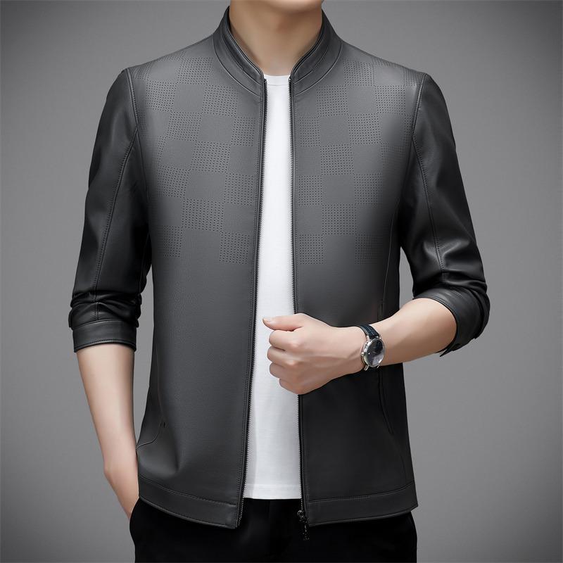 Simple Casual Stand-up Collar Men's Leather Jacket Spring and Autumn New Middle-aged Thin Loose Leather Jacket