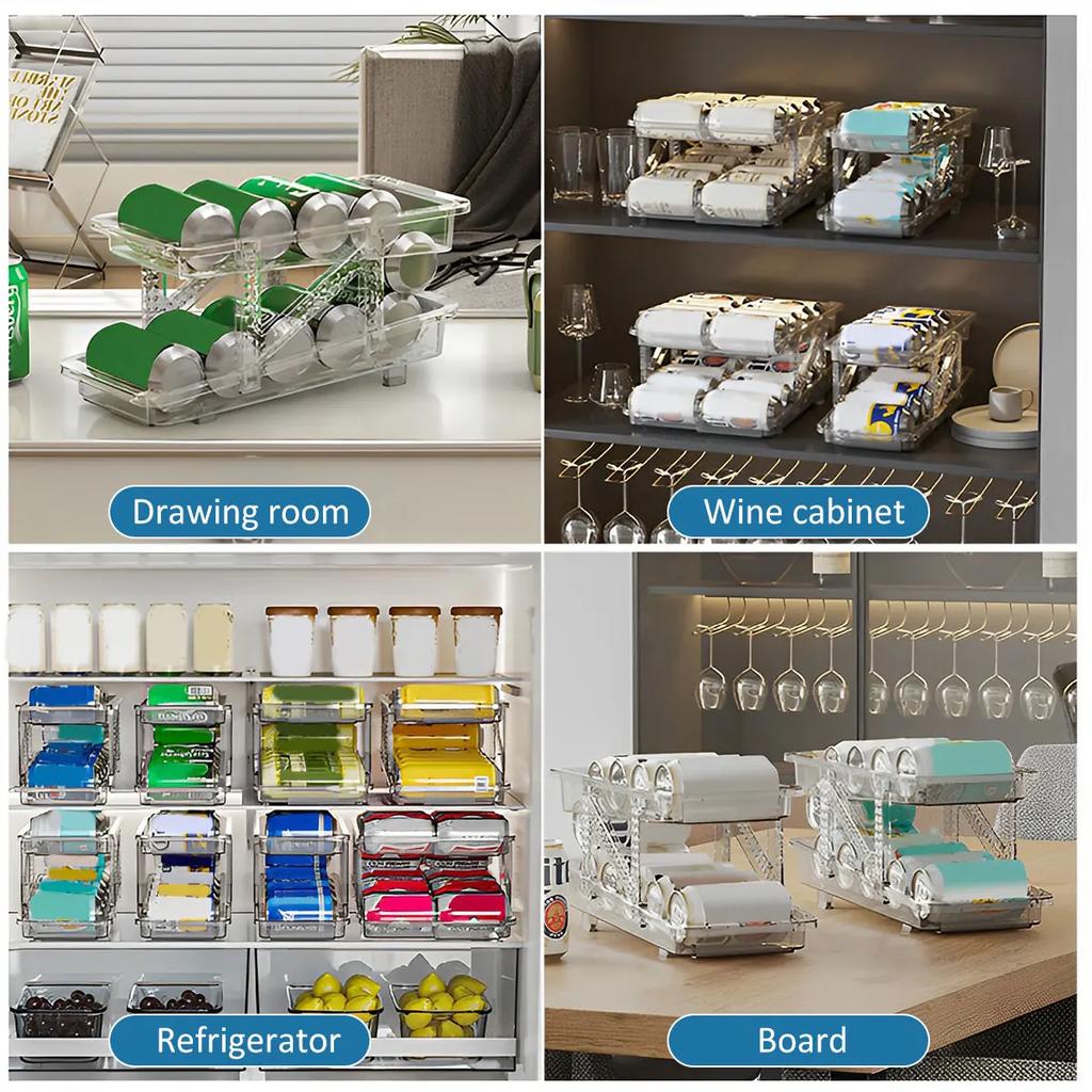 2-Layer Beverage Can Organizer Refrigerator Automatic Rolling Beer Storage Box Stackable Fridge Can Drink Dispenser Holder New