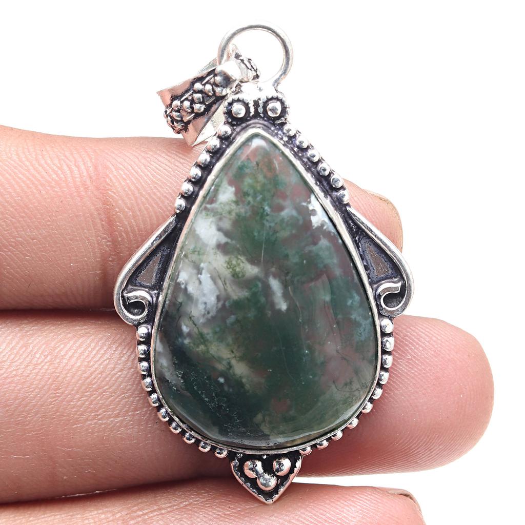 Pendant Moss Agate Gemstone Valentine'Day Gift Silver Jewelry 2.25"