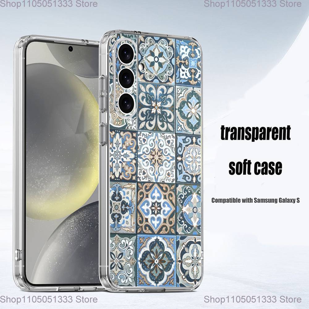 M-Moroccan Tile Phone Case For Samsung S24,30,21,22,23,20 FE,lite,PIus,Ultra,5G,Note,9,10 Transparent Cover