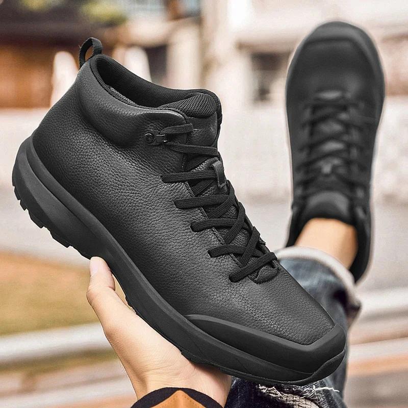 Fashion Minimalist Genuine Leather Outdoor Walking Shoes Mens Lace-Up Sneaker Lightweight Casual Leather Running Jogging Shoes