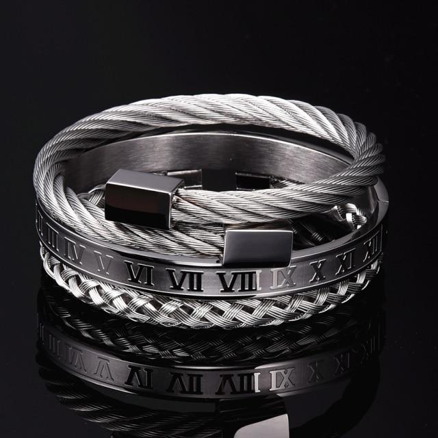 Luxury 3pcs /Set Stainless Steel Bracelet Hip Hop Men Jewelry Roman Number Charm Gold Color Jewelry For Men Pulseira Bileklik